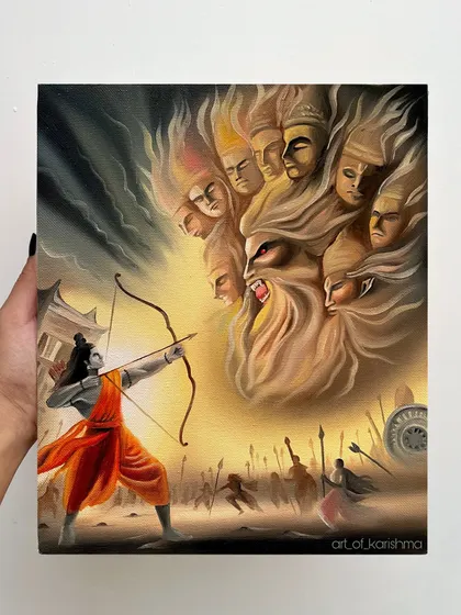 This 12 by 10-inch oil on canvas depicts the epic moment of 'Ravana Vadh' by Lord Ram.