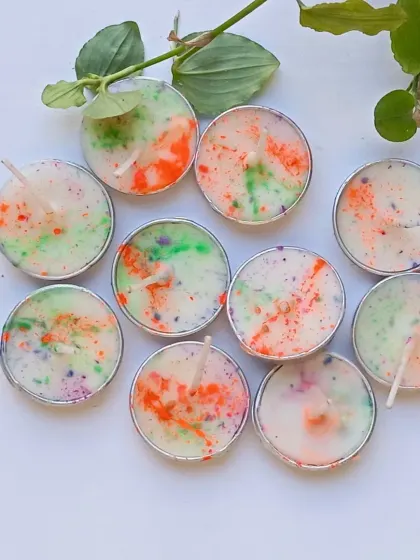 The colors of joy. These peach-scented soy wax tealights are a fun and eco-friendly way to decorate your home for the Holi festival.