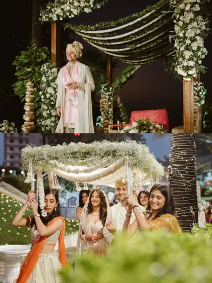 A collage showing the groom waiting at the mandap and the bride's beautiful entrance, telling the story of their union.