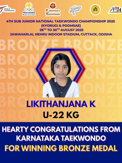 Hearty congratulations to Likithanjana K for winning a Bronze Medal in the U-22 KG category at the 4th Sub Junior National Taekwondo Championship. A rising star in our academy.