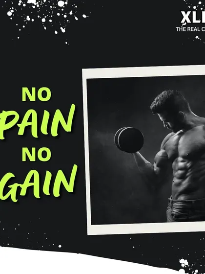 No Pain No Gain. A black and white photo of a muscular man curling a dumbbell, emphasizing the hard work required for results.