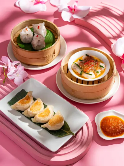 A selection of dim sum from Yautcha, beautifully arranged on a pink, textured background. The shot highlights the delicate nature of the food and the restaurant's modern aesthetic.