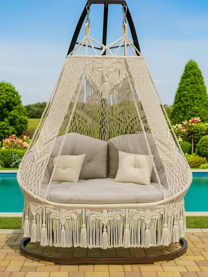 This beautiful swing comes with its own sturdy stand, so you can place it anywhere you like, even by the pool. It’s a complete relaxation setup, ready for you to enjoy without any installation hassle.