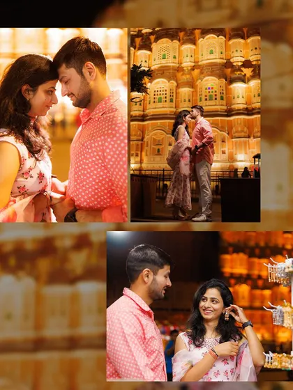 A collage showcasing different facets of a Jaipur night shoot. It includes an intimate portrait, a grand shot in front of Hawa Mahal, and a candid moment in a local bazaar, demonstrating the variety we can capture in one session.