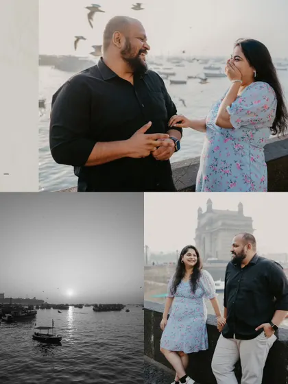 A collage featuring candid moments of a couple at the Gateway of India, including a black and white shot of the sunrise over the water. It captures both their connection and the beauty of Mumbai.