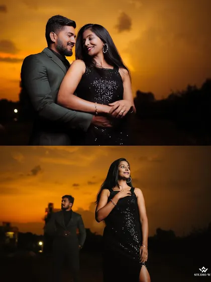 A collage of a couple against a dramatic sunset sky. The silhouette and warm colors create a powerful and romantic set of images.