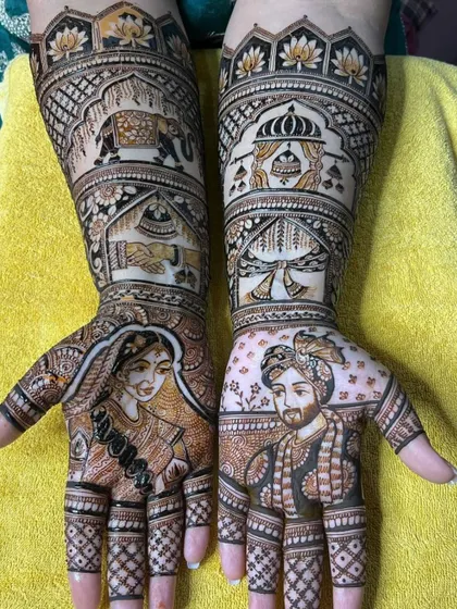 This design showcases my skill in creating realistic couple portraits. The bride's portrait is on one hand and the groom's on the other, surrounded by intricate patterns.