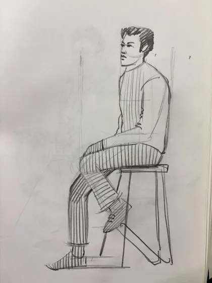 A figure drawing of a man sitting on a stool, a classic life drawing pose.