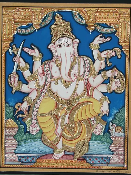 A creative depiction of Lord Ganesha with ten hands, each holding a powerful Ayudha (weapon). This artwork symbolizes his immense power and ability to protect and bless his devotees.