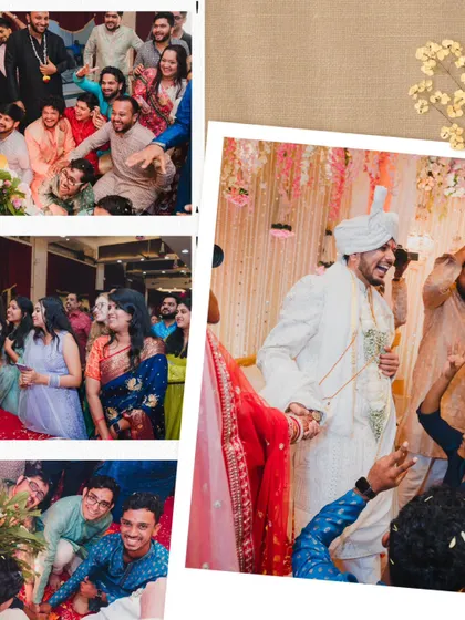 A collage capturing the fun and chaos of wedding games and the joyful participation of friends and family.