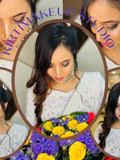 A collage of the same client, showing different angles of her soft glam makeup and elegant hairstyle.