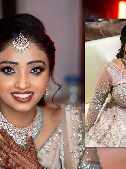 A diptych showing a close-up of the smiling bride and a full-length view of her stunning reception gown.