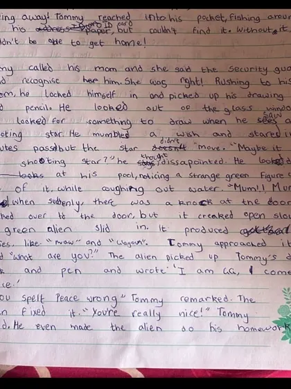 Here is an example of a student's story writing. The clear, well-formed letters show how legible writing makes reading a pleasure and allows the child's creative ideas to shine.