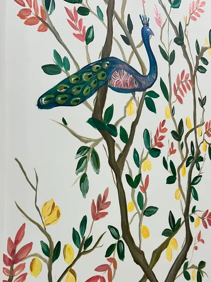 A detailed shot of the peacock perched on a branch. I love painting these majestic birds, focusing on the beautiful colors and patterns of their feathers.
