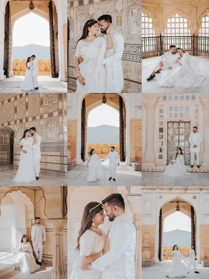 A nine-grid collage showcasing the best moments from a royal pre-wedding shoot inside Amer Fort, offering a complete look at the location's beauty.
