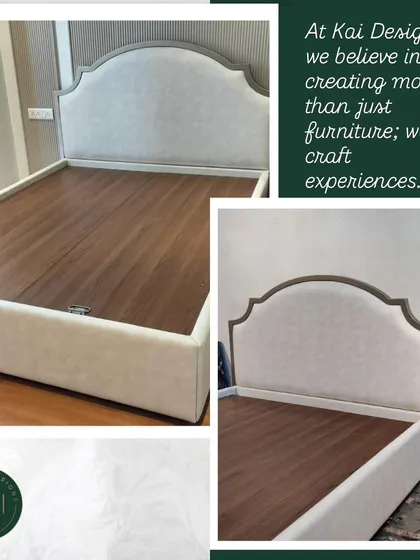 This bed features a classic scalloped headboard with a metallic-finished wood frame. The simple, clean lines of the upholstered base provide a modern counterpoint to the traditional headboard shape.