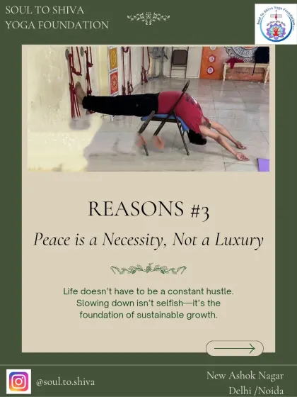 Peace is a necessity, not a luxury. Using the wall and a chair for a supported stretch, this student demonstrates that slowing down is the foundation of sustainable growth.