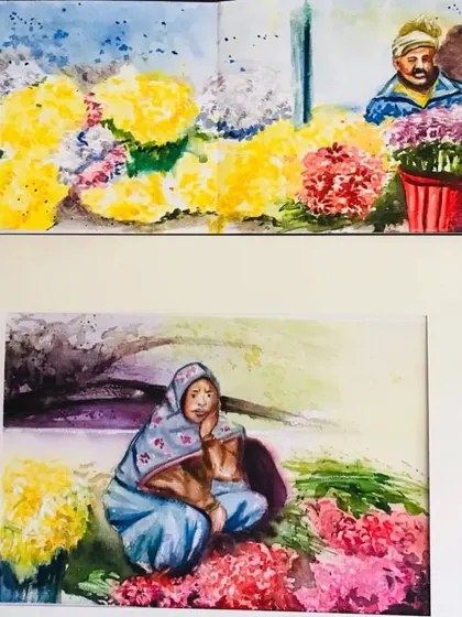 Here are two watercolor paintings inspired by the bustling Delhi flower market. I focused on capturing the vibrant colors of the marigolds and the expressive faces of the vendors.
