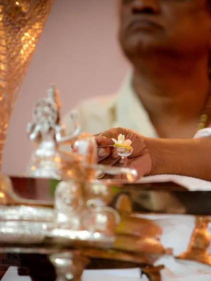 A close-up of my hand making an offering during a puja. Every gesture in these rituals is precise and filled with intention.