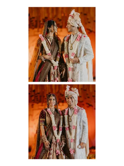 A diptych of the couple post-varmala, showcasing their happy and serene expressions. These portraits highlight their beautiful attire and the joy of being newly married.
