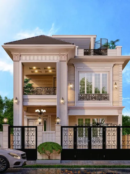 This classical villa on a 32x78 plot showcases timeless elegance. The design features prominent columns, ornate railings, and large bay windows, creating a home that is both grand and filled with natural light.