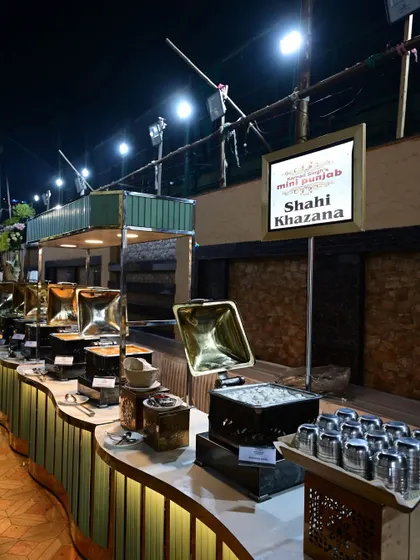 Our 'Shahi Khazana' or royal treasury, a buffet line that brings the opulence of royal kitchens to your celebration. The curved counter and elegant serveware create a truly grand experience.