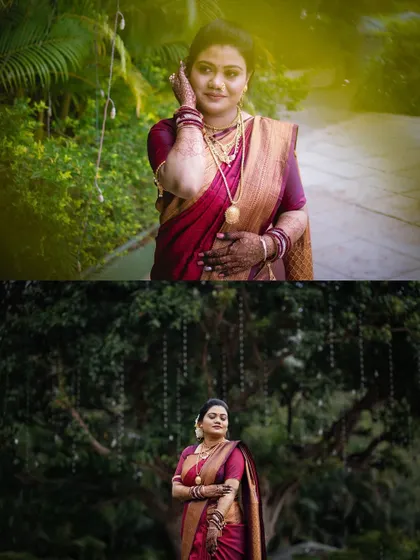 A combination of a close-up and a wide shot of the bride in a lush green environment. This shows both her beautiful expression and her elegant presence in the setting.