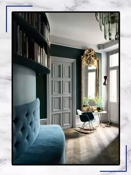A spacious room with breathtaking hues and opulent furniture makes your home an ideal place to live. This design concept uses a bold mirror and a comfortable rocking chair to create a relaxing corner.