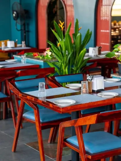 We selected furniture and a color scheme that is both bold and inviting. The contrast of the rich wood tables with the vibrant blue chairs and tropical plants contributes to the energetic and stylish ambiance of the restaurant.