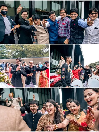 More scenes from an energetic baraat, capturing the dancing and celebration of the groom's family and friends.