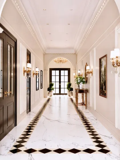 A visualization of a grand, classical hallway. The render's focus is the polished marble floor with its geometric border, which creates a strong sense of perspective and luxury.
