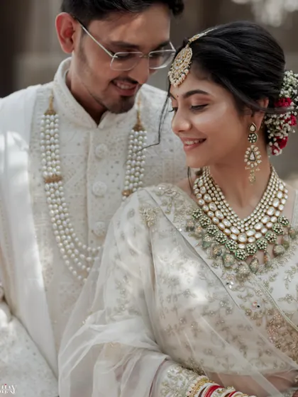 A close-up portrait highlighting the intricate details of the couple's wedding attire and their happy expressions.