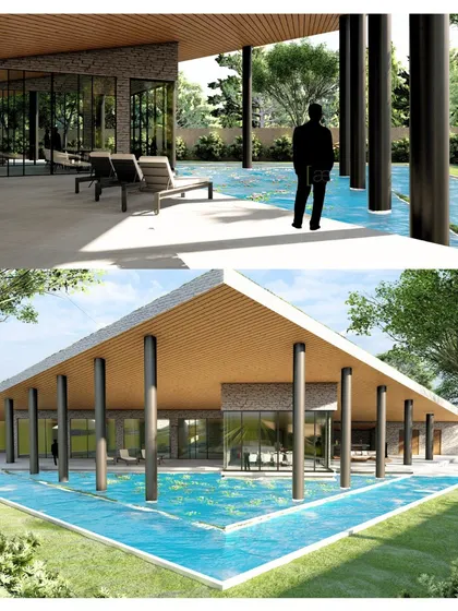 A conceptual render by Raghav for a clubhouse surrounded by a lotus pond, showcasing his ability to create serene and immersive architectural experiences.