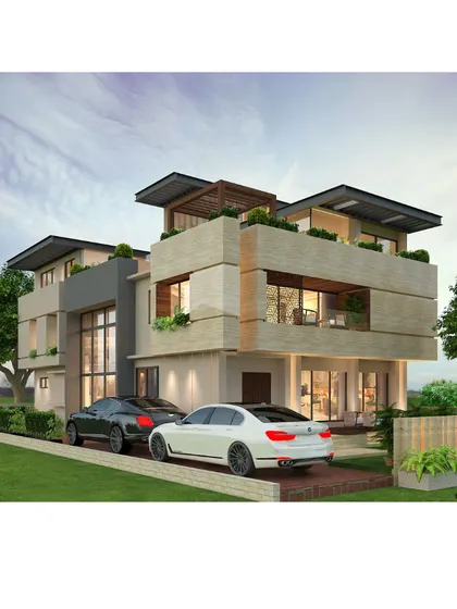 This is the finalized 3D render for a modern bungalow in Lucknow. The design features clean lines, large glass panels for natural light, and cantilevered sections that create a sense of lightness and sophisticated geometry.