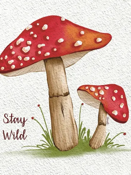 A whimsical digital illustration of two red mushrooms with the message 'Stay Wild'. The watercolor style gives it a soft, storybook feel.