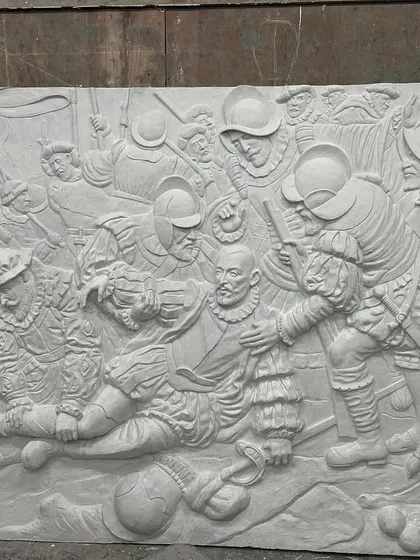 The full clay sculpture for "The Cannonball Moment" mural, created for a church. This historical scene is incredibly detailed, with dozens of figures.