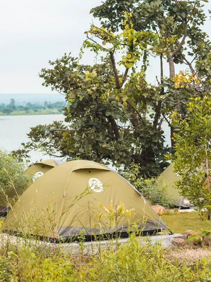 Tents pitched right at the edge of the woods with a clear view of the lake. We offer prime spots that maximize the natural beauty of the location.