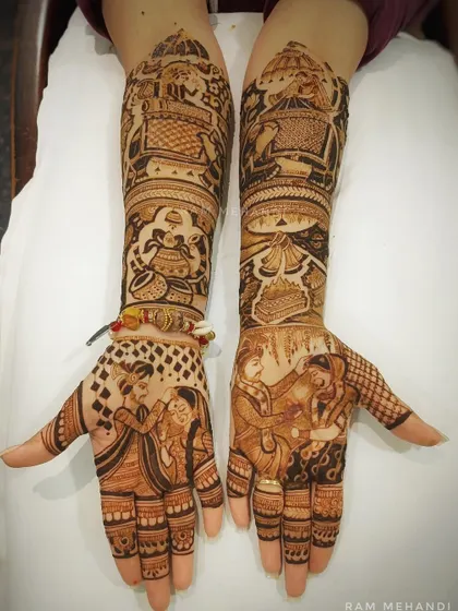 An example of full bridal mehndi with different scenes on each arm. This design includes couple portraits, doli scenes, and traditional wedding rituals, making the arms a canvas for the entire wedding story.