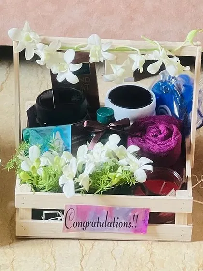Another angle of the three corporate wedding gift crates.