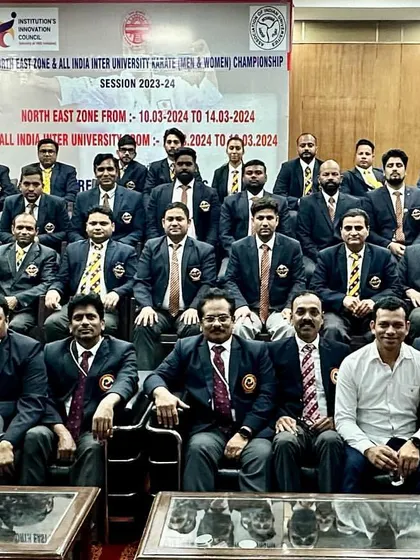 A series of photos showing the dedicated group of officials, judges, and technical committee members from the North East Zone & All India University Karate Championship. It takes a large, coordinated team to run a successful national-level event.