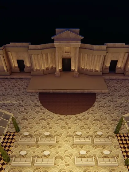 A 3D render of the monumental entertainment stage, showing its pre-Romanesque architectural influences. This was the blueprint for the 50-foot high structure.