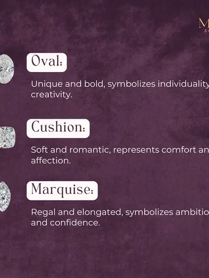 Continuing our guide to diamond shapes, the unique Oval cut symbolizes individuality, the romantic Cushion cut represents comfort, and the regal Marquise cut symbolizes ambition and confidence.