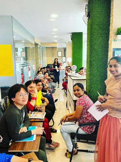 A view of our academy buzzing with energy during an activity day. These events are designed to be interactive, helping students practice their language skills in a fun setting.