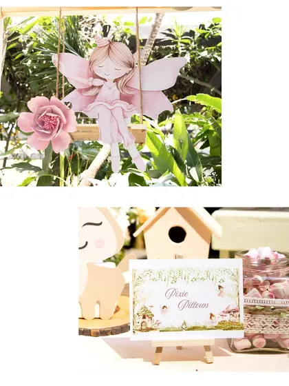 Details from a pixie-themed party, showing a fairy on a swing and a 'Pixie Potions' sign, inviting little guests into a world of magic.