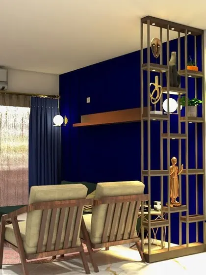 A living room concept with a bold royal blue accent wall and a metal-and-wood partition shelf, creating a stylish and functional division of space.