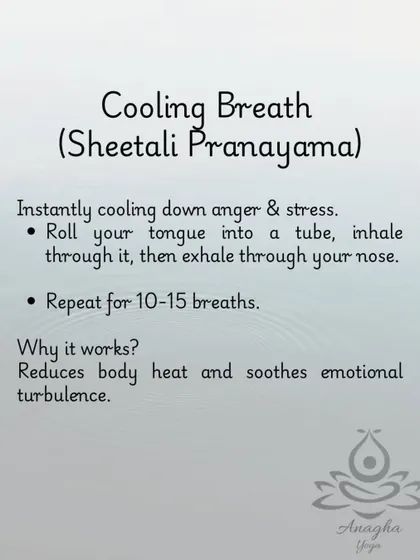 Sheetali Pranayama (Cooling Breath) is a technique I teach to instantly cool down anger and soothe emotional turbulence by reducing body heat.