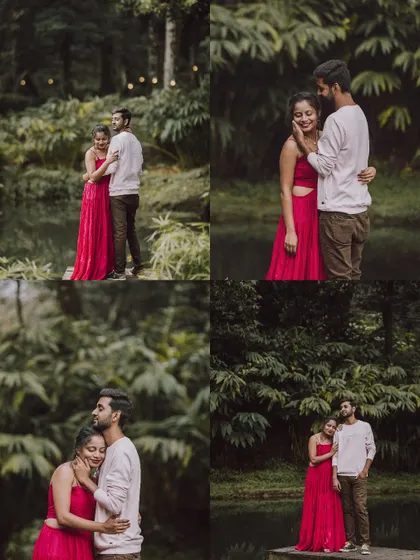 A collage of a couple's romantic pre-wedding moments in a lush, green setting by a lake.