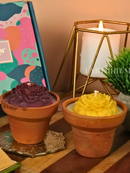 A deep burgundy and a sunny yellow rose candle set. The earthy terracotta pots contrast beautifully with the bright floral colors.