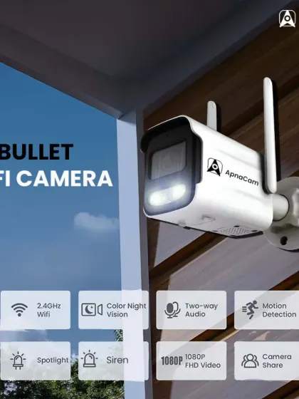 This bullet WiFi camera is packed with features for outdoor security. It includes color night vision, a spotlight, a siren, and two-way audio to actively protect your space.