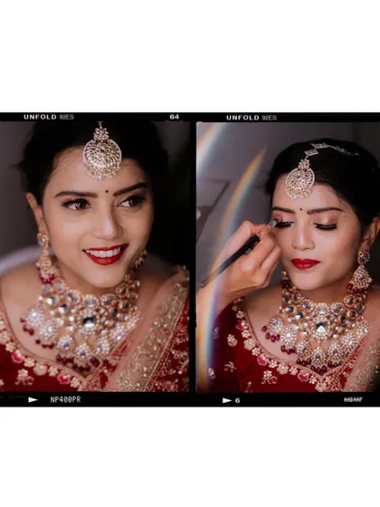 A collage of the bride's makeup application, with a creative light leak effect.